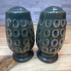 Vintage Japan Ceramic Salt and Pepper Shakers Teal Green MCM Textured Glaze Set